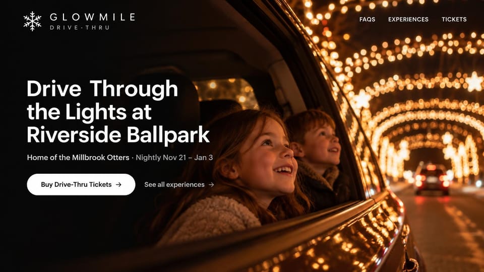 Event website design, drive-through holiday lights from the back seat: dark photo of two children looking out a car window at a glowing tunnel of lights, white sans headline, white ticket button