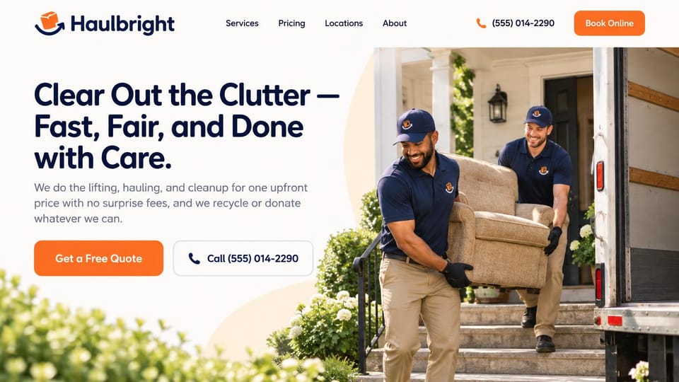 Junk removal website design, residential hauler, warm and friendly: cream page with a soft peach curve, a navy headline, two uniformed crew members carrying an armchair down porch steps, an orange quote button