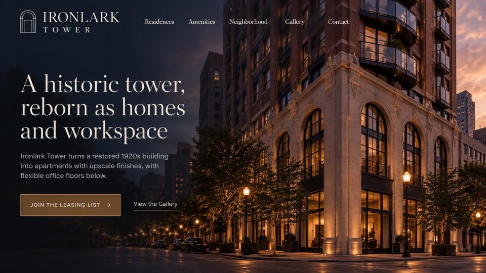 Apartment website design, historic tower with homes and offices: a historic stone and brick tower at dusk with arched windows and lit streets, a cream serif headline at the left, a bronze outlined leasing list button