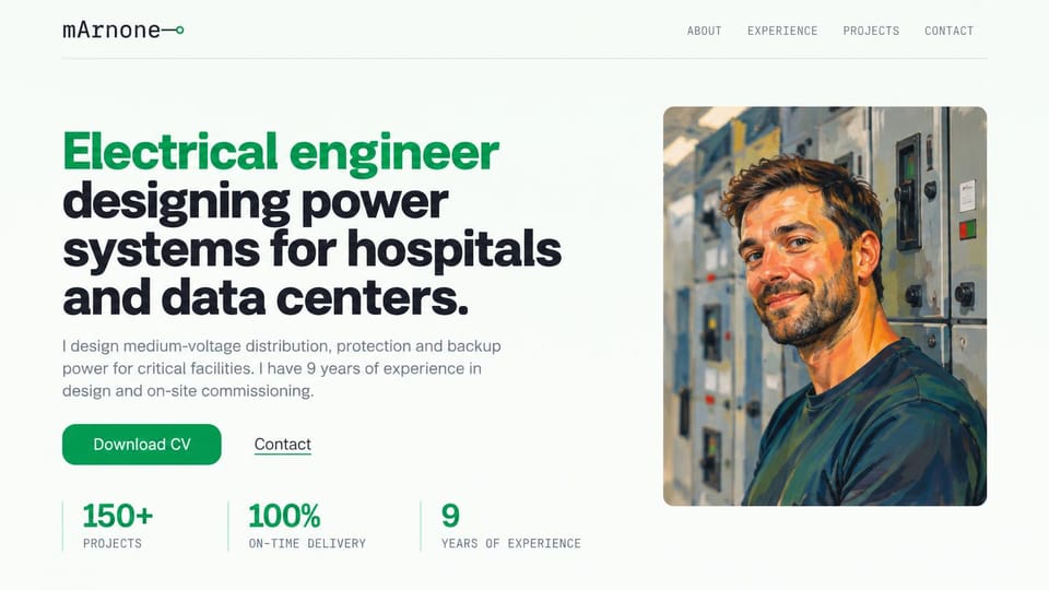 Resume website design, electrical engineer with a painted portrait at the switchgear: pale mint page, a green and black headline, a green download CV button, three green stats and a painted portrait of a smiling man beside electrical panels