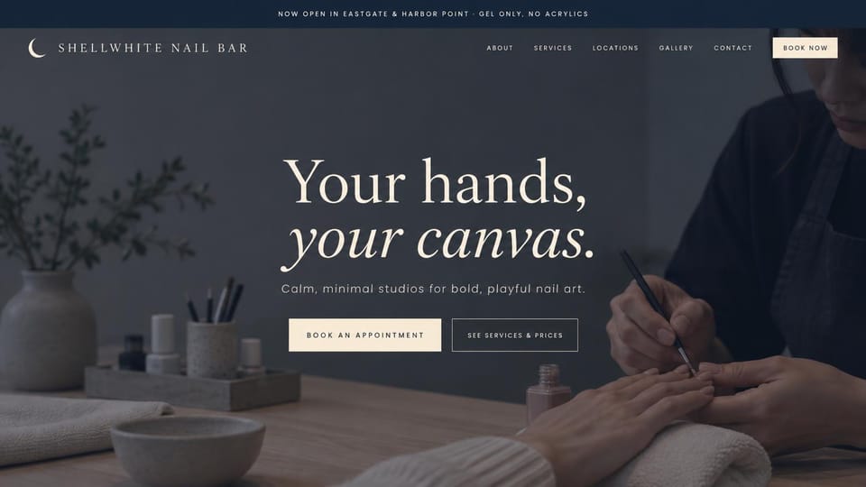 Nail salon website design, gel-only nail bar in deep navy: deep navy page, a centered cream serif headline with an italic line over a dim photo of nail art in progress, a cream button