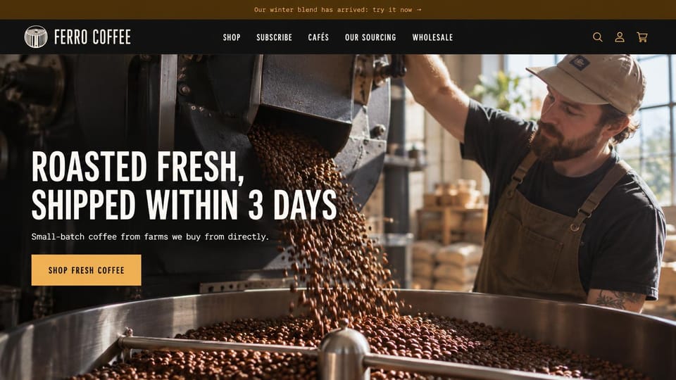 Cafe website design, roastery with the roaster on show: black header, a roaster releasing beans from the drum under bold cream capitals and a gold button