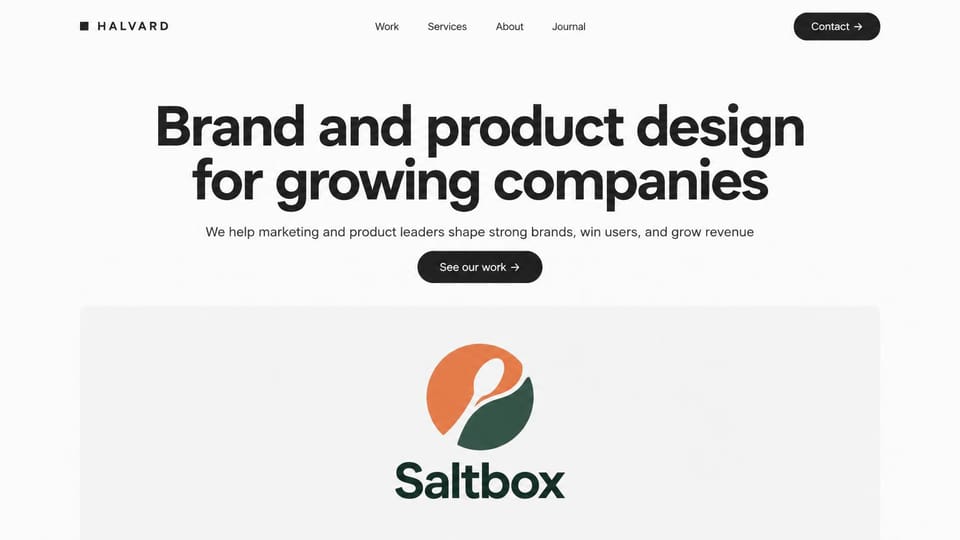 Agency website design, brand and product design, centered and calm: white page, a centered black sans headline, a dark button and an orange and green logo on gray