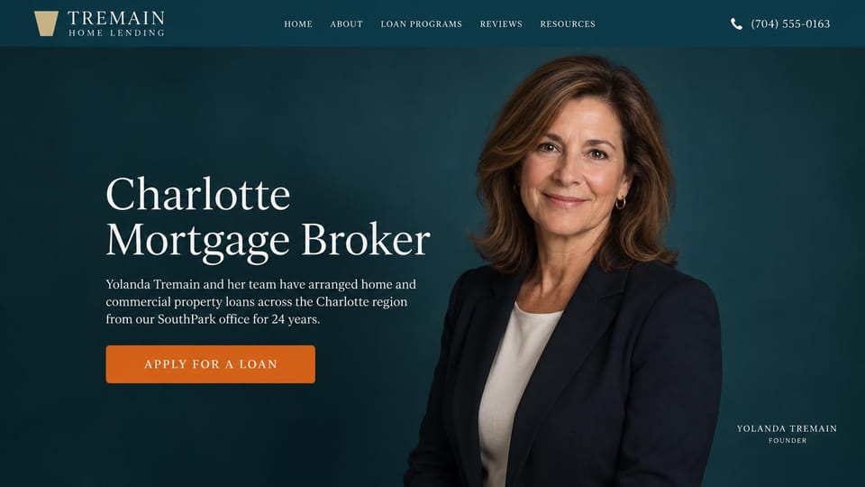 Mortgage website design, founder-led brokerage on deep teal: deep teal page, a large cream serif headline, an orange apply button and a portrait of a woman broker in a navy blazer