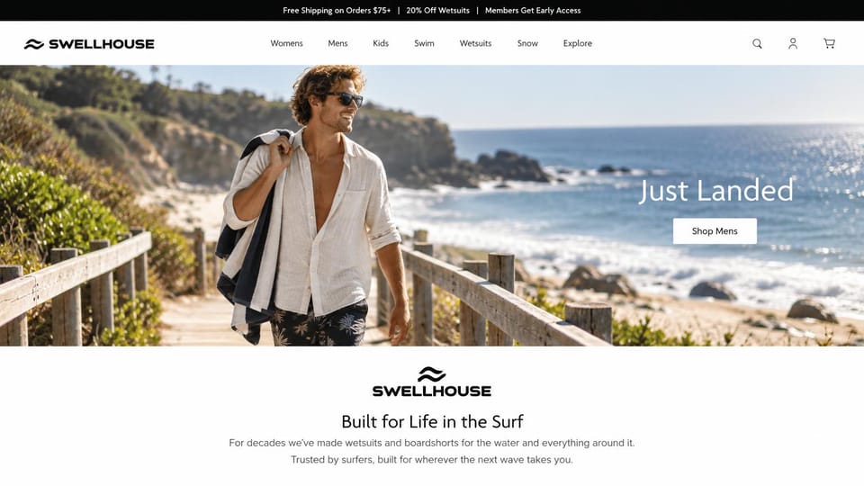 Fashion website design, surf brand on a sunny coastal path: bright photo of a smiling man in a linen shirt on a wooden beach path, white headline at right and a brand story on white below