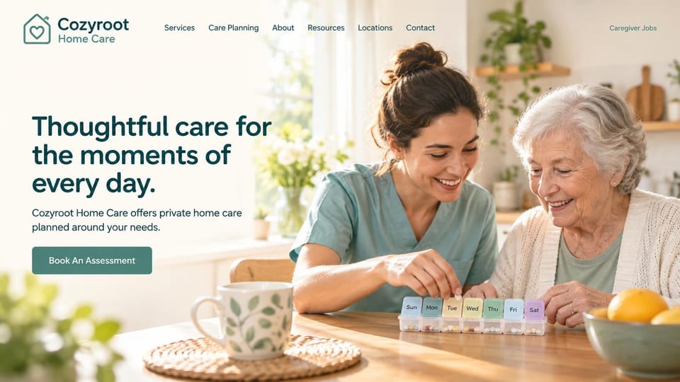 Home care website design, private home care with a medication routine photo: cream page, a dark teal headline, a teal assessment button and a sunlit photo of a caregiver helping an older woman fill a weekly pill organizer