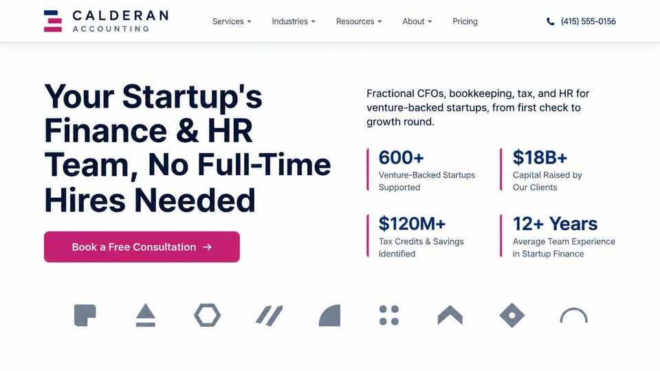 Accounting website design, startup finance and HR with a row of client logos: white page, a large navy sans headline, a magenta consultation button, four figures with magenta rules and a row of gray symbols below