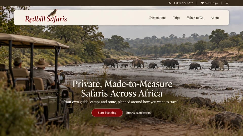 Landing page website design, private safaris with sample trips to browse: cream rounded menu card with a red script logo, photo of elephants crossing a river beside a safari vehicle, centered white serif headline, dark red button