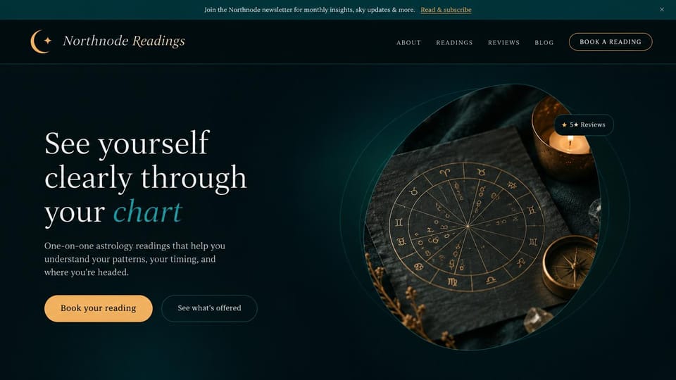 Astrology website design, astrology readings with a chart as the hero: deep teal and black, an oval photo of a birth chart on slate with a candle and compass, gold buttons
