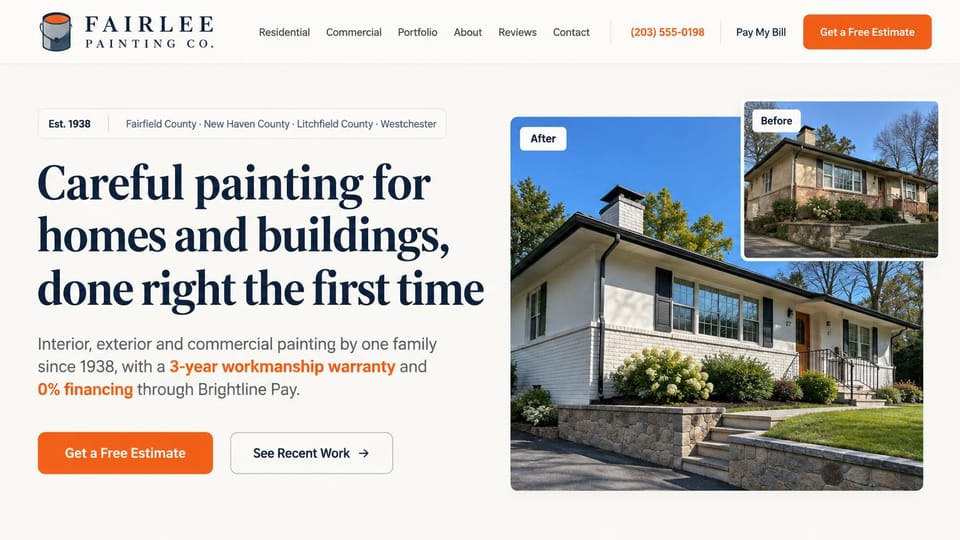 Painting website design, house and building painting with a before and after: off-white page, a large navy serif headline, an after photo of a white brick ranch house with a before photo inset, an orange estimate button