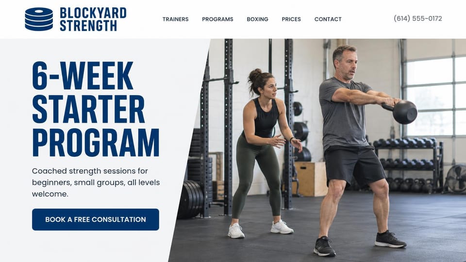 Personal trainer website design, beginner starter program for small groups in navy: white menu bar with a phone number, a pale panel with a huge navy condensed headline, a navy consultation button, a bright gym photo of a coach watching a man swing a kettlebell