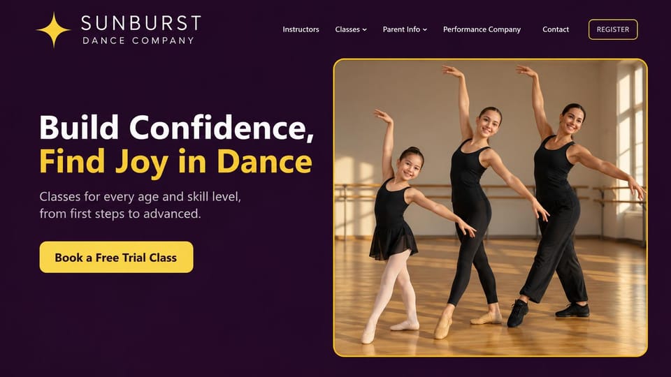 Dance studio website design, all-ages studio in plum and yellow: dark plum page, a white and yellow headline, a yellow-framed photo of three dancers of different ages posing in a studio, a yellow trial button