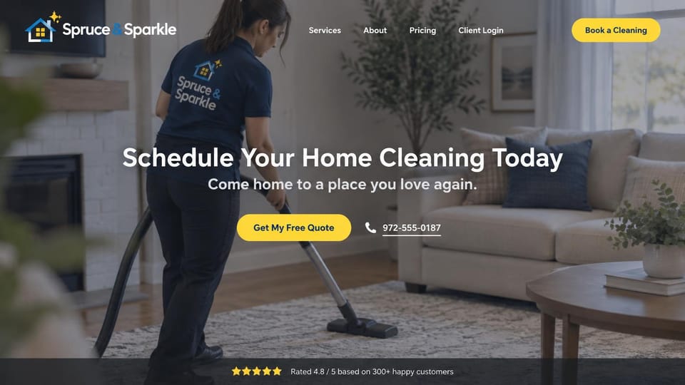 Cleaning service website design, house cleaning on a dark living room photo: a cleaner vacuuming a living room under a dark overlay, a centered white headline, a yellow quote button and a rating strip