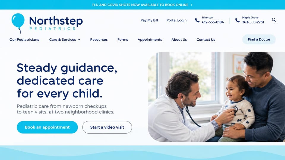 Medical practice website design, pediatrics with a video visit button: white page, a navy headline and cyan buttons beside a doctor listening to a toddler's heart on a father's lap, a cyan shots banner on top