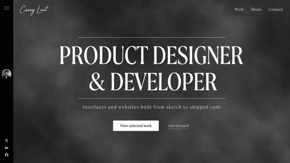 Portfolio website design, product designer and developer, dark and serif: smoky charcoal page, a large white serif title between thin rules, a white button and a text link