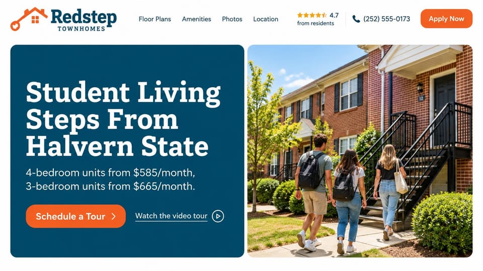 Apartment website design, student townhomes with rents in a teal panel: white header with a star rating and orange apply button, a teal panel with a white serif headline, rents and an orange tour button, students with backpacks walking past brick townhomes