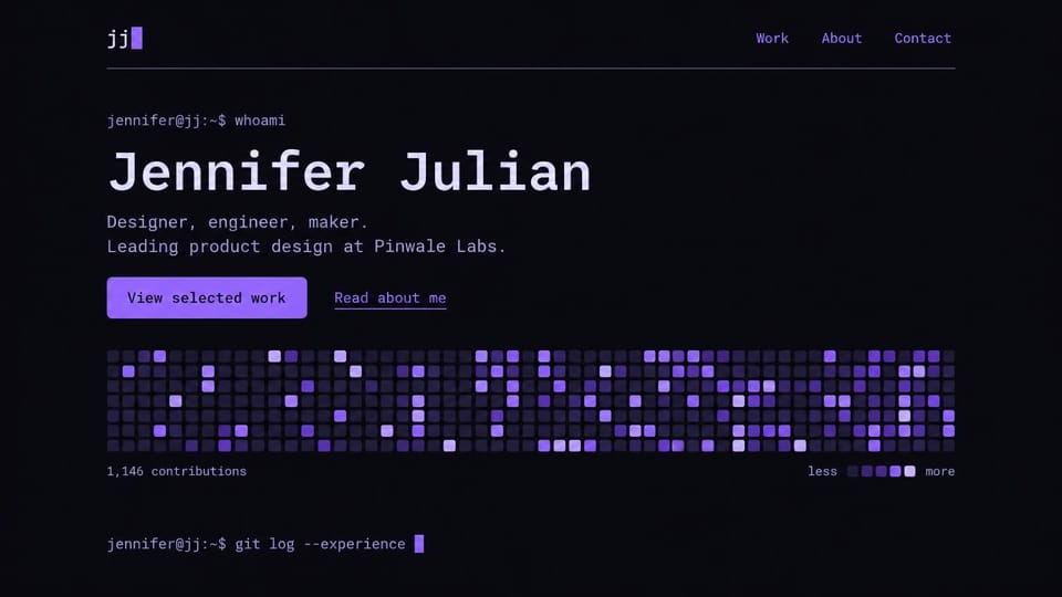 Developer portfolio website design, developer and designer in terminal style: dark page with purple accents, monospace name and intro, a purple button and a grid of colored squares