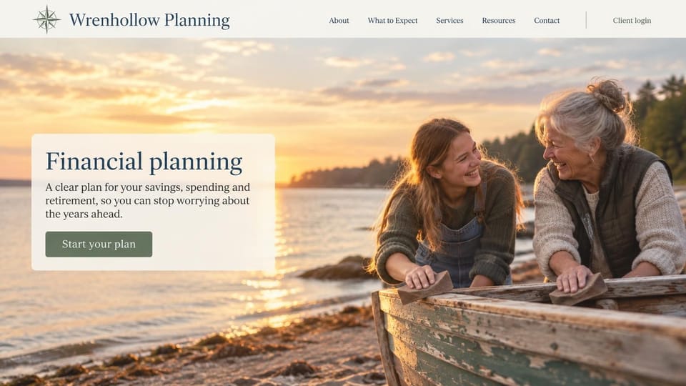 Financial advisor website design, financial planning with a grandmother and granddaughter: sunset beach with a grandmother and granddaughter sanding a boat, translucent cream panel at left and sage button