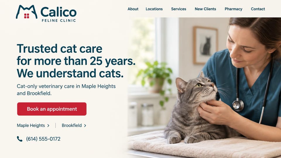 Veterinary website design, cat clinic with two locations under the button: white page, navy sans headline at left, red book button with two location links and a phone number, a vet in teal scrubs stroking a gray tabby