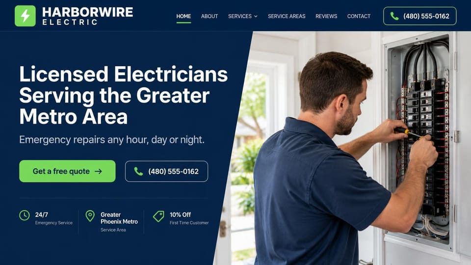 Electrician website design, metro electrician with a first-visit discount: navy diagonal panel with a white headline and a green quote button, an electrician in a navy shirt working at a breaker panel in a bright home