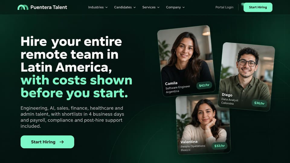 Recruiting website design, remote staffing with sample candidate cards: deep green page, a white and mint headline, a mint button and three tilted candidate cards with portraits and hourly rates