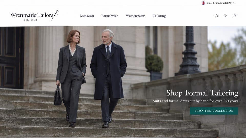 Fashion website design, formal tailoring on columned stone steps: white header with a serif logo, a woman in a gray suit and a silver-haired man in a dark overcoat on columned stone steps, a white serif headline and a teal button at right