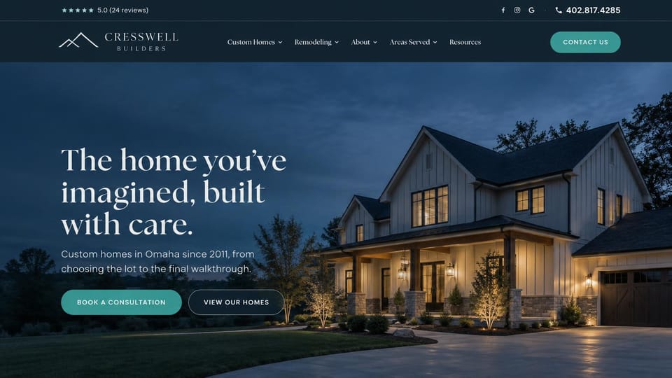 Construction website design, custom home builder with a farmhouse at night: deep navy, a white farmhouse lit at dusk beside a large serif headline and teal and outlined buttons