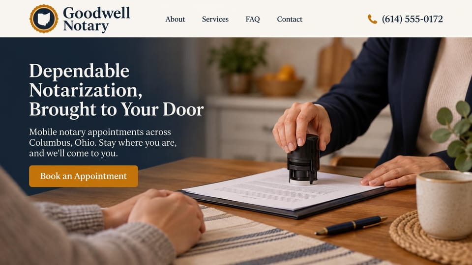Notary website design, mobile notary with a stamp close-up: cream header with a state-shaped seal logo, a navy panel with a white serif headline, a gold button and a hand stamping a document