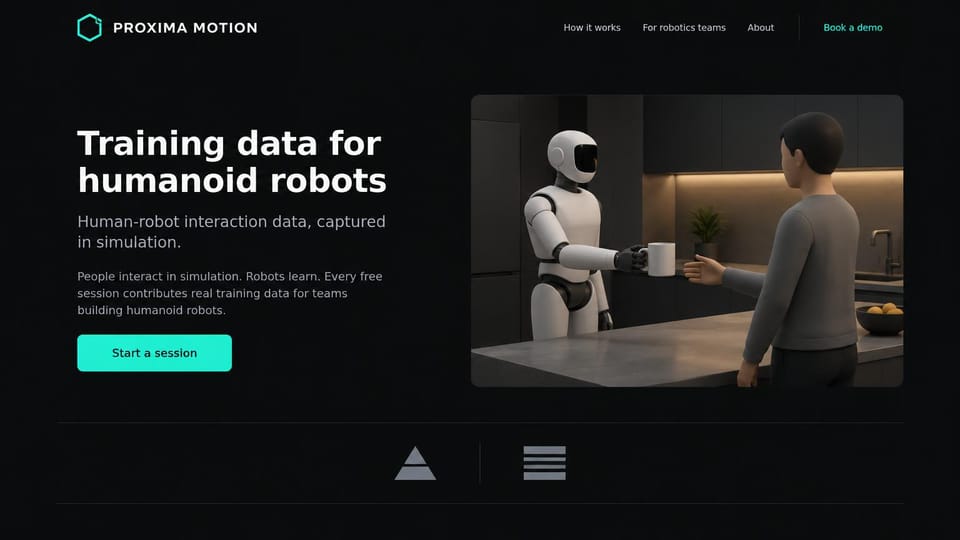 AI startup website design, robot training data with a humanoid at home: near-black page, a bold white headline, a bright teal start button and a white humanoid robot handing a mug to a person in a kitchen