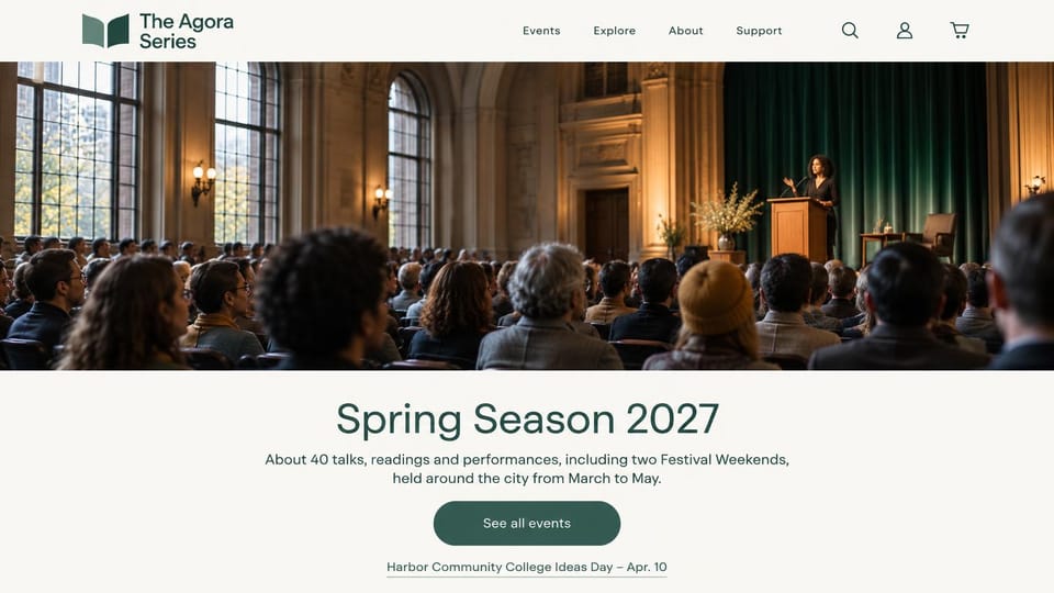 Event website design, talks and readings series with a season headline: ivory page, wide photo of a speaker at a lectern in a packed historic hall, centered green serif headline, green events button