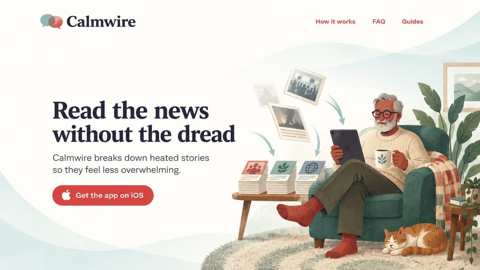 Mobile app website design, news app with a cozy illustration: cream page, dark serif headline, a coral button and an illustration of a man reading with a cat