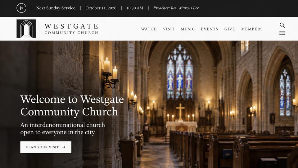 Church website design, gothic sanctuary with the next service on top: a candlelit gothic nave with stained glass, white serif headline and a thin top bar with service details