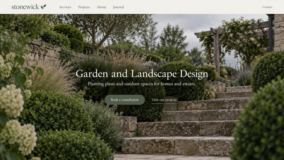 Landscaping website design, garden and landscape design on stone steps: cream header, stone garden steps between clipped shrubs and grasses, a centered white serif headline and a sage button