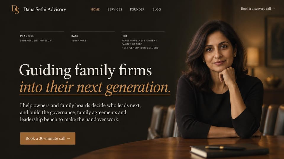 Consulting website design, family business advisor in charcoal and gold: charcoal page, cream serif headline with an underlined gold italic line, copper call button, a woman seated at a boardroom table