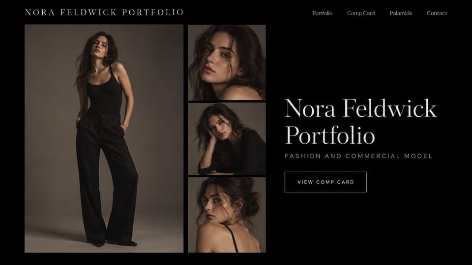 Model portfolio website design, fashion model with a comp card button on black: black page, spaced white capitals, a full-length photo of a dark-haired woman in black, three stacked close-ups, a white serif name and an outlined comp card button