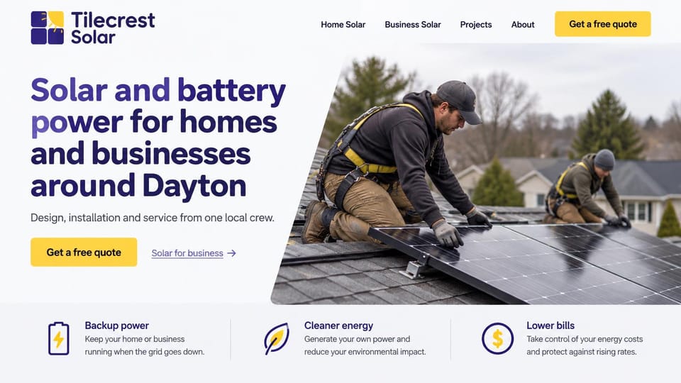 Solar website design, solar and batteries for one city in purple and yellow: pale gray page, a large deep purple headline, a yellow quote button and an underlined business link, a slanted photo of two installers in harnesses laying panels, a strip of three benefits with icons