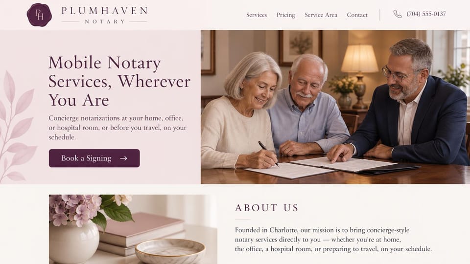 Notary website design, concierge mobile notary in blush and plum: blush page, a plum serif headline, a plum booking button, a notary with an older couple signing in a lamp-lit room, hydrangeas in the about section below