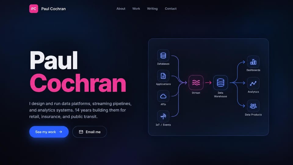 Personal website design, data engineer with a pipeline diagram: dark navy page, a bold white and pink name beside a diagram of data flowing from sources to dashboards