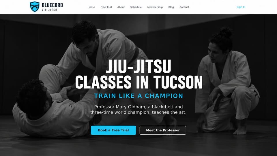 Martial arts website design, jiu-jitsu academy with a meet-the-professor button: white header with a shield logo, a black-and-white photo of two students rolling as a black belt watches, condensed white headline, cyan subhead and button
