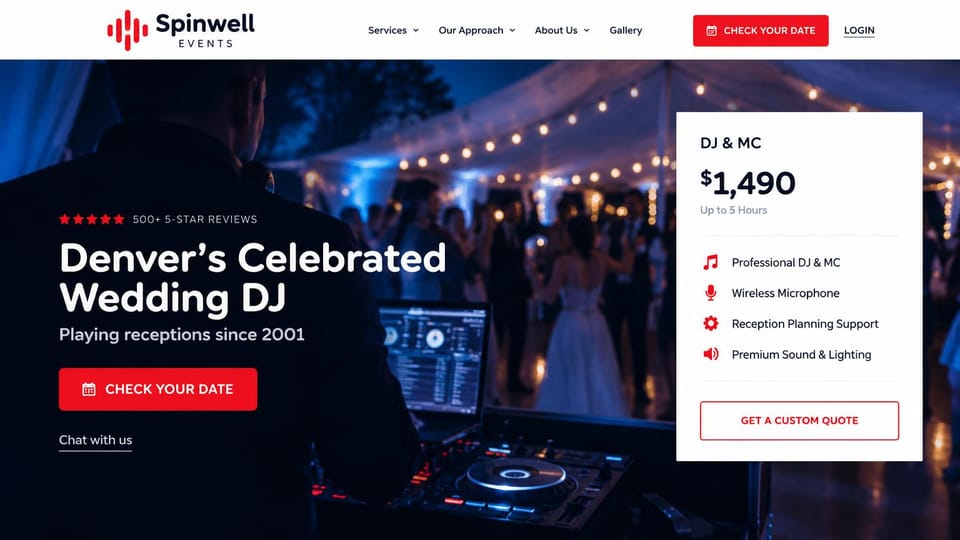 Musician website design, wedding DJ with the price up front: a DJ booth at a tented reception, a white headline, a red date button and a white price card
