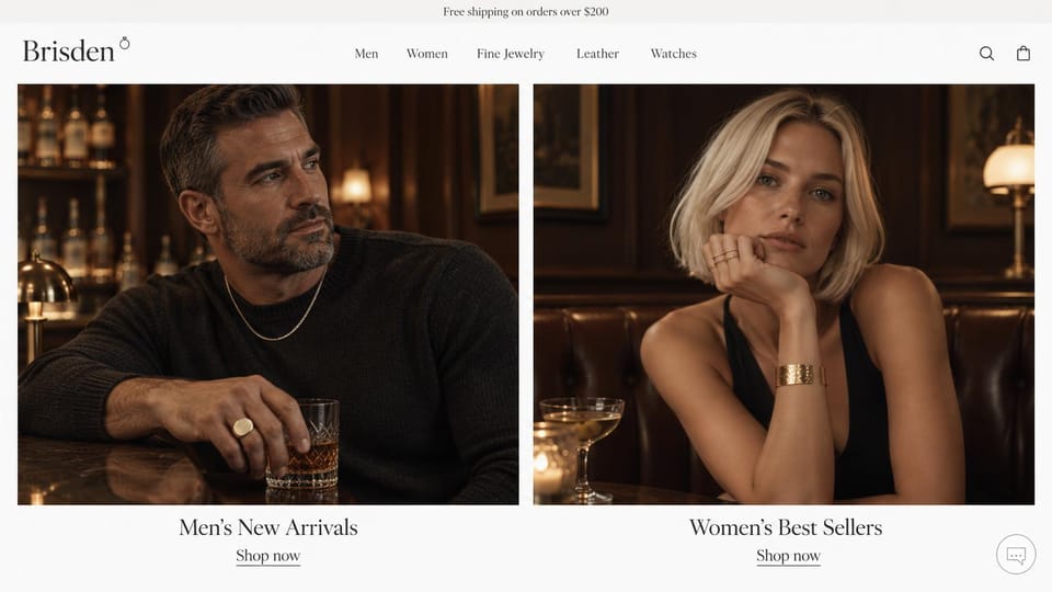 Jewelry website design, men's and women's jewelry side by side: white page, two lamplit bar photos of a man in a signet ring and chain and a woman in gold cuffs, serif captions and shop links