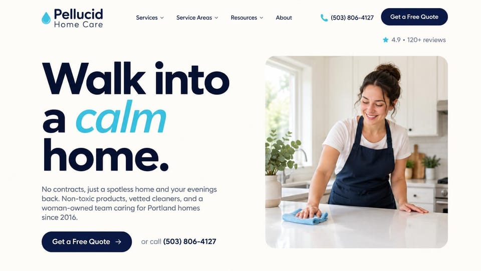 Cleaning service website design, non-toxic home cleaning with an oversized headline: warm white page, a huge navy headline with one word in aqua italic, a navy quote button and a rounded photo of a cleaner in a navy apron wiping a kitchen counter