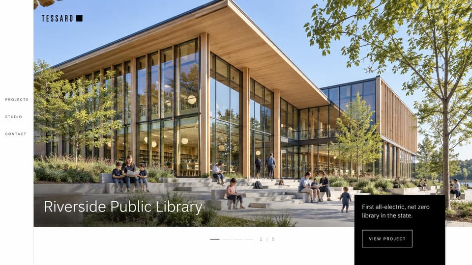 Architecture website design, sustainable civic work with a side menu: white strip with a small letter-spaced menu at left, a large photo of a timber and glass library with families on its steps, a black card with an outlined button