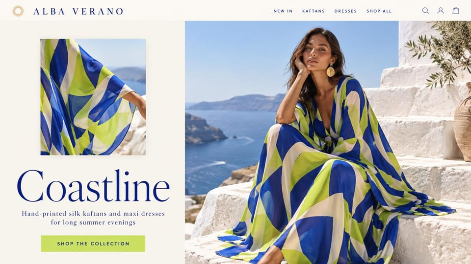 Fashion website design, silk kaftans with a print close-up beside the look: cream page with a navy serif headline under a small photo of a printed silk sleeve and a lime button, beside a woman in a cobalt and lime kaftan on whitewashed steps above the sea