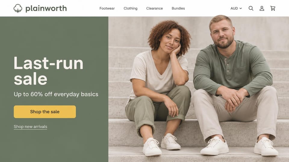 Fashion website design, basics clearance with a sage side panel: sage panel with a headline and a yellow button beside a couple on steps in a tee, a henley and chinos with white sneakers, a cotton boll logo
