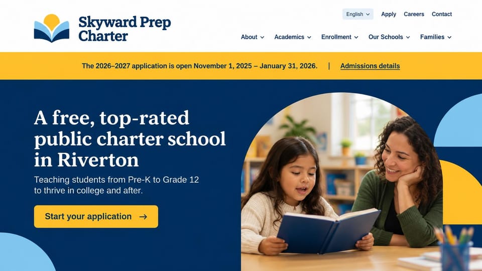 School website design, charter school with application dates on a gold bar: gold bar with application dates, a navy panel with a white serif headline and gold button, and a round photo of a girl reading