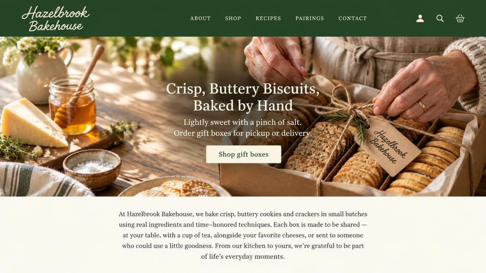 Cafe website design, biscuit bakery with gift boxes: green header, hands packing biscuits into a gift box under a centered white serif headline