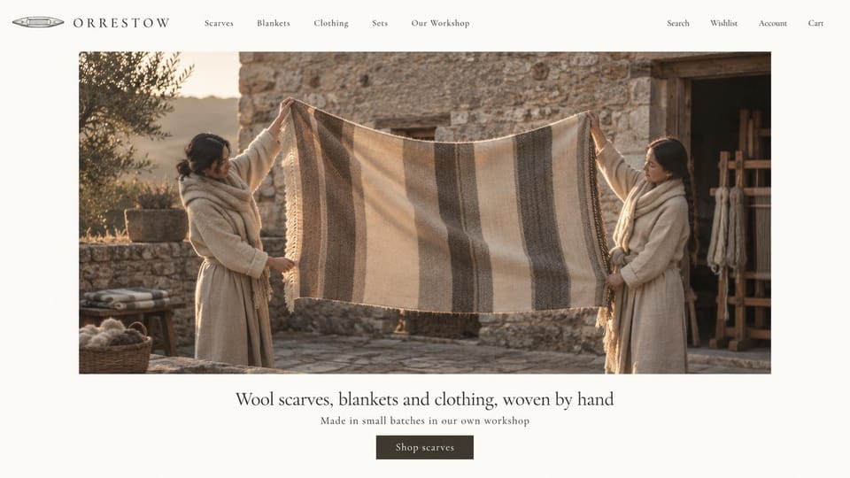 Fashion website design, handwoven scarves and clothing from the workshop: ivory page, two women in cream wool holding up a striped handwoven blanket in a stone courtyard with a loom behind, a centered serif headline and a dark button
