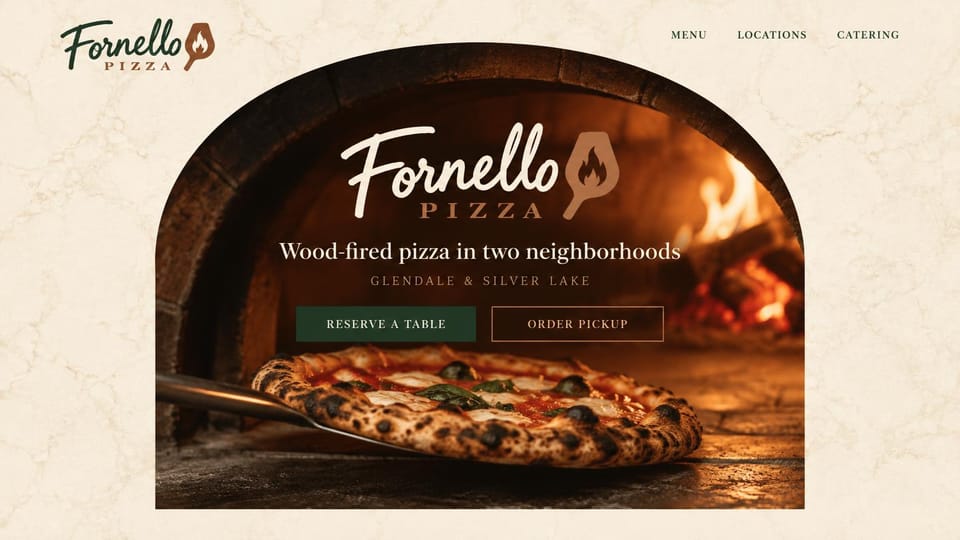 Restaurant website design, wood-fired pizza in an arched frame: cream stone texture, an arched photo of pizza in a wood-fired oven, green and brown buttons