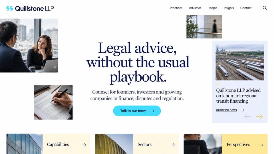 Law firm website design, startup law with a bright collage: white, navy and cyan, a photo collage around a large centered serif headline